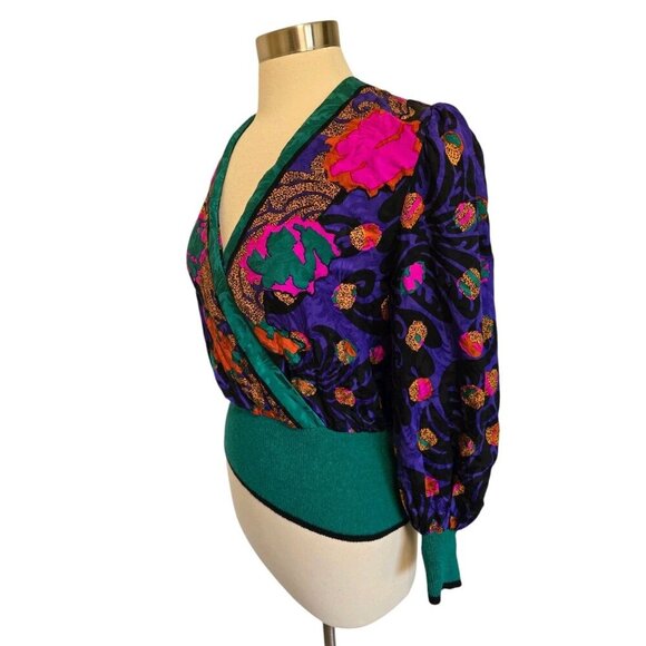 Womens 80s 90s Vintage Silk Faux Wrap Blouse Size 10 Umi Collection - Picture 2 of 6